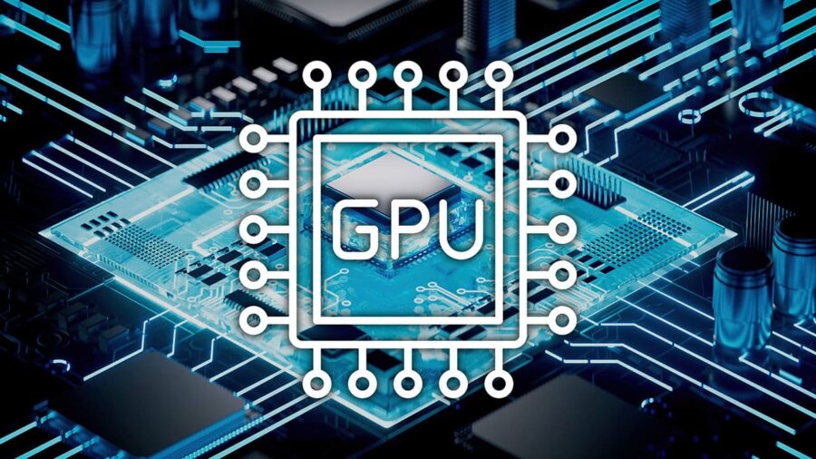 A GPU symbol is overlayed on a GPU silicon abstract technology design.